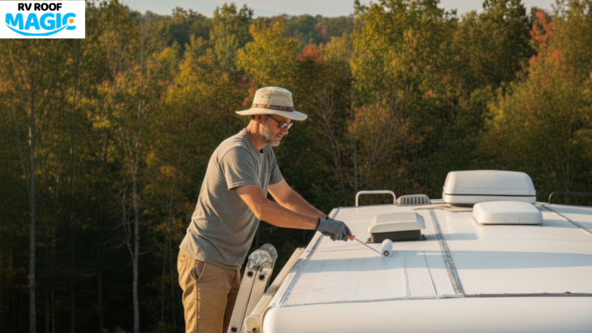 Man applying RV Roof Magic liquid rubber coating on RV roof with roller brush during end of summer.