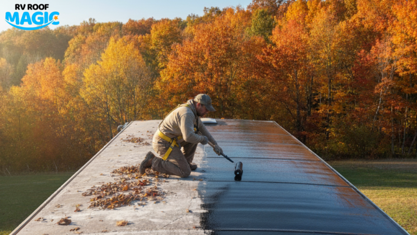 Man applying RV roof coating with roller in fall 2025.