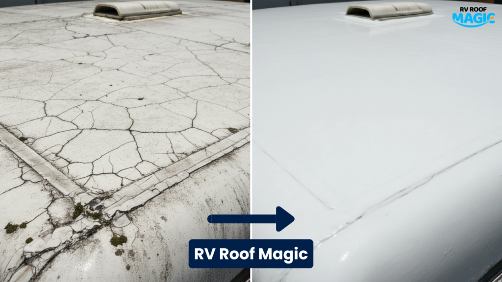 Before and after RV roof repair using liquid rubber roof coating
