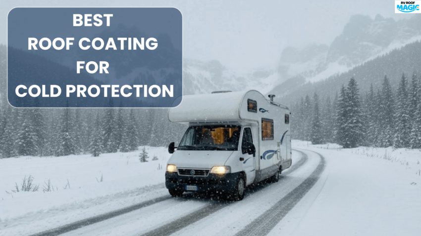 RV roof with liquid rubber coating for cold weather protection in snowy conditions.