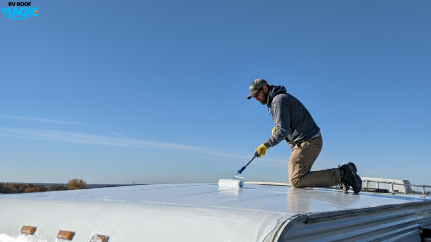 Man applying liquid rubber roof coating on RV roof using roller for waterproof sealing