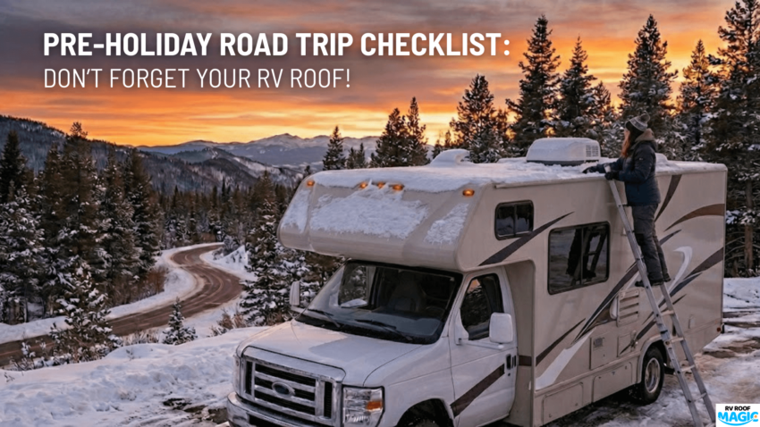A winter RV parked in snowy mountains while a traveler clears snow from the RV roof during a pre-holiday road trip inspection.