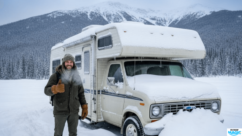 RV covered in snow with a man standing beside it in a winter landscape