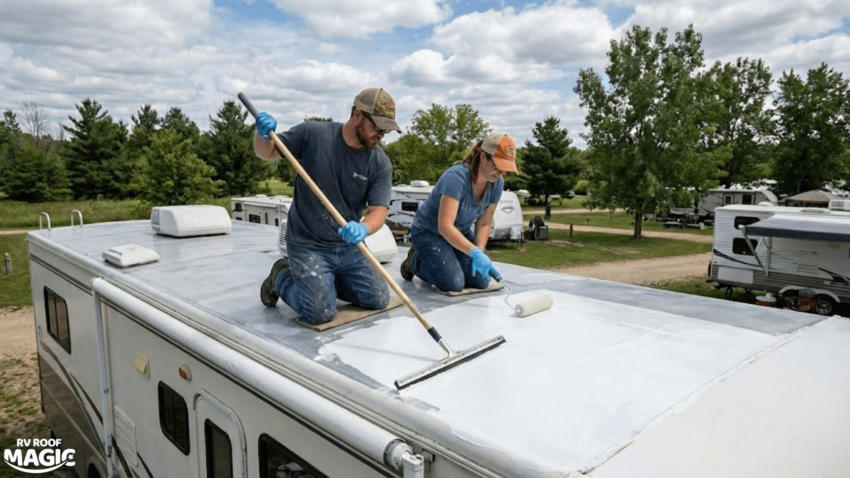 Two people applying RV Roof Magic on an RV roof for protective coating and repair.