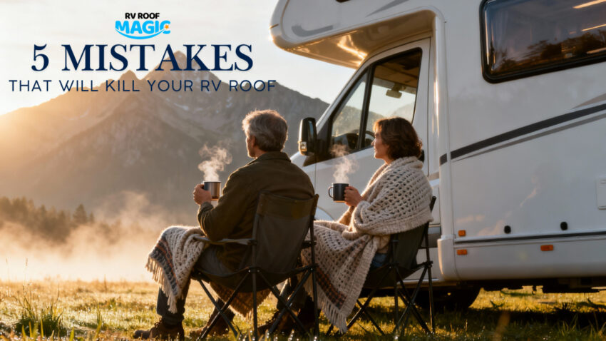 RV owners relaxing beside motorhome highlighting roof coating disasters and 5 common mistakes that can kill roof coating ROI