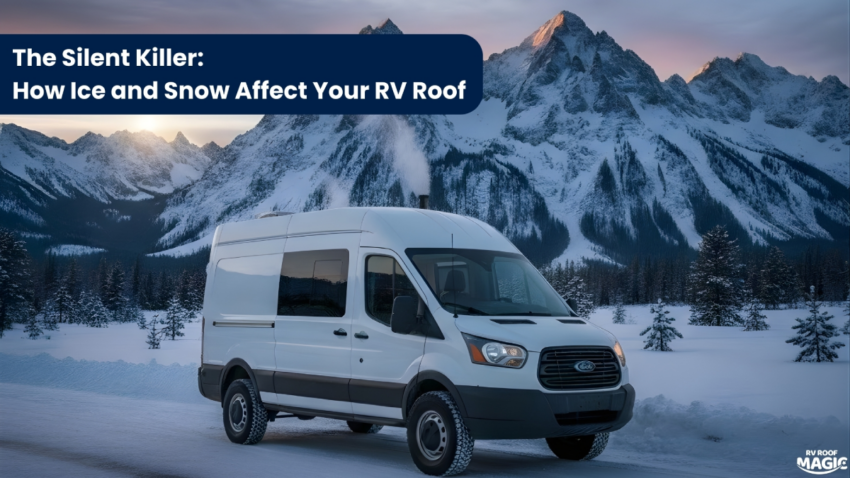 A close-up of a well-maintained RV roof covered in snow, showcasing a seamless rubber sealant protecting against the freeze-thaw cycle.
