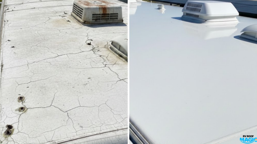 Side-by-side view of a DIY liquid RV roof coating vs an old, damaged roof membrane.