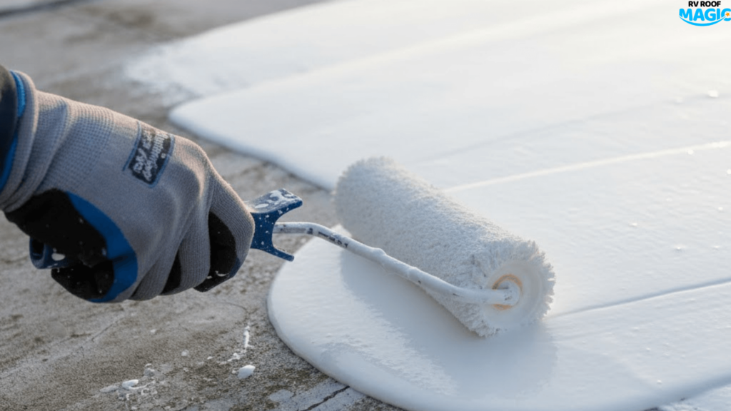Roller applying white liquid sealant on top of RV Roof