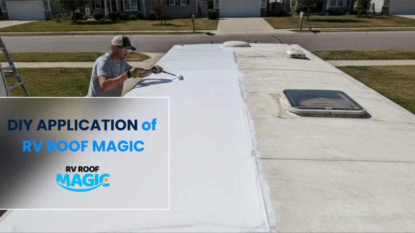 DIY application of white liquid rubber coating on an EPDM RV roof to prevent leaks.