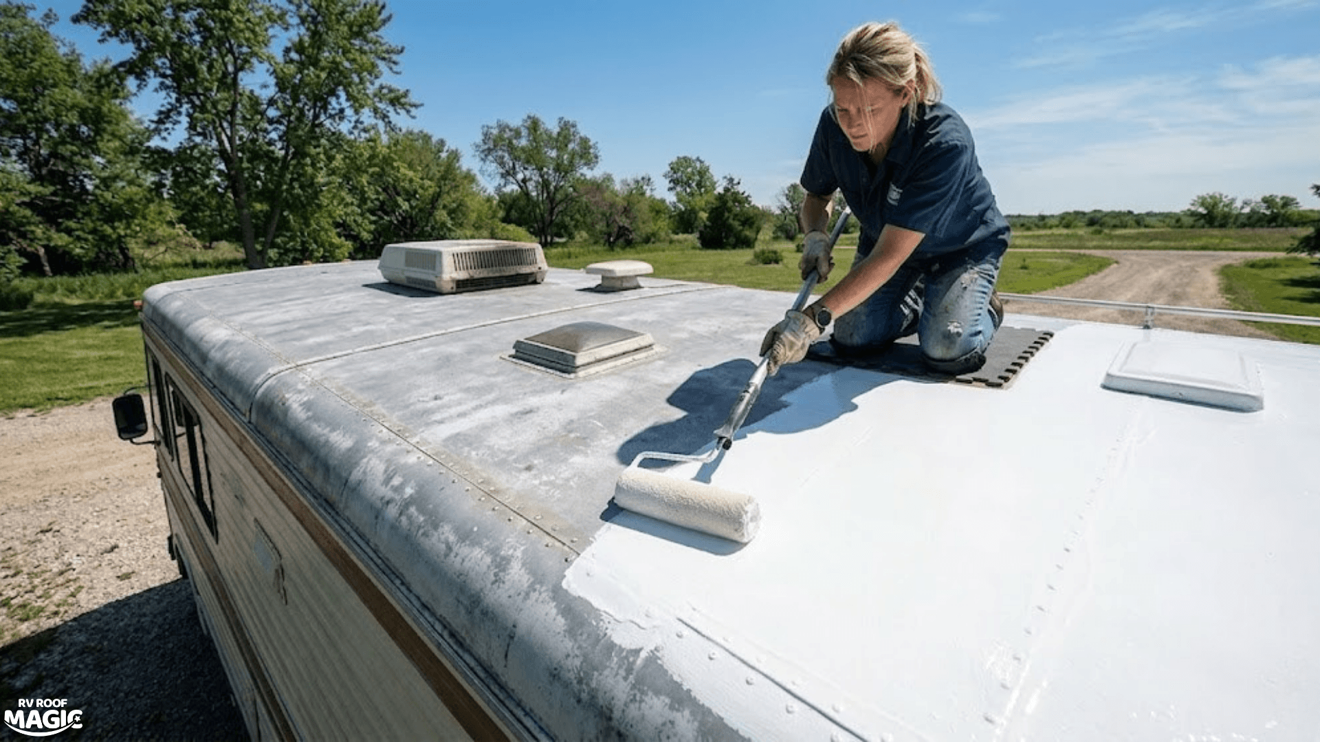 A DIYer applying RV Roof Magic white liquid rubber coating to a motorhome roof with a medium-nap roller.