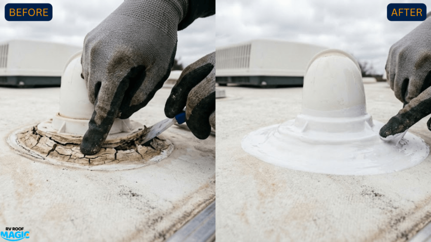 A close-up photograph of hands inspecting cracked RV sealant around a vent pipe on an EPDM rubber roof.