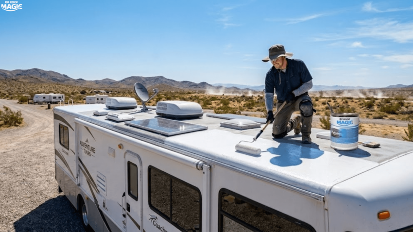 Liquid rubber RV roof coating reflecting sunlight to improve energy efficiency and reduce heat buildup on motorhome roof.