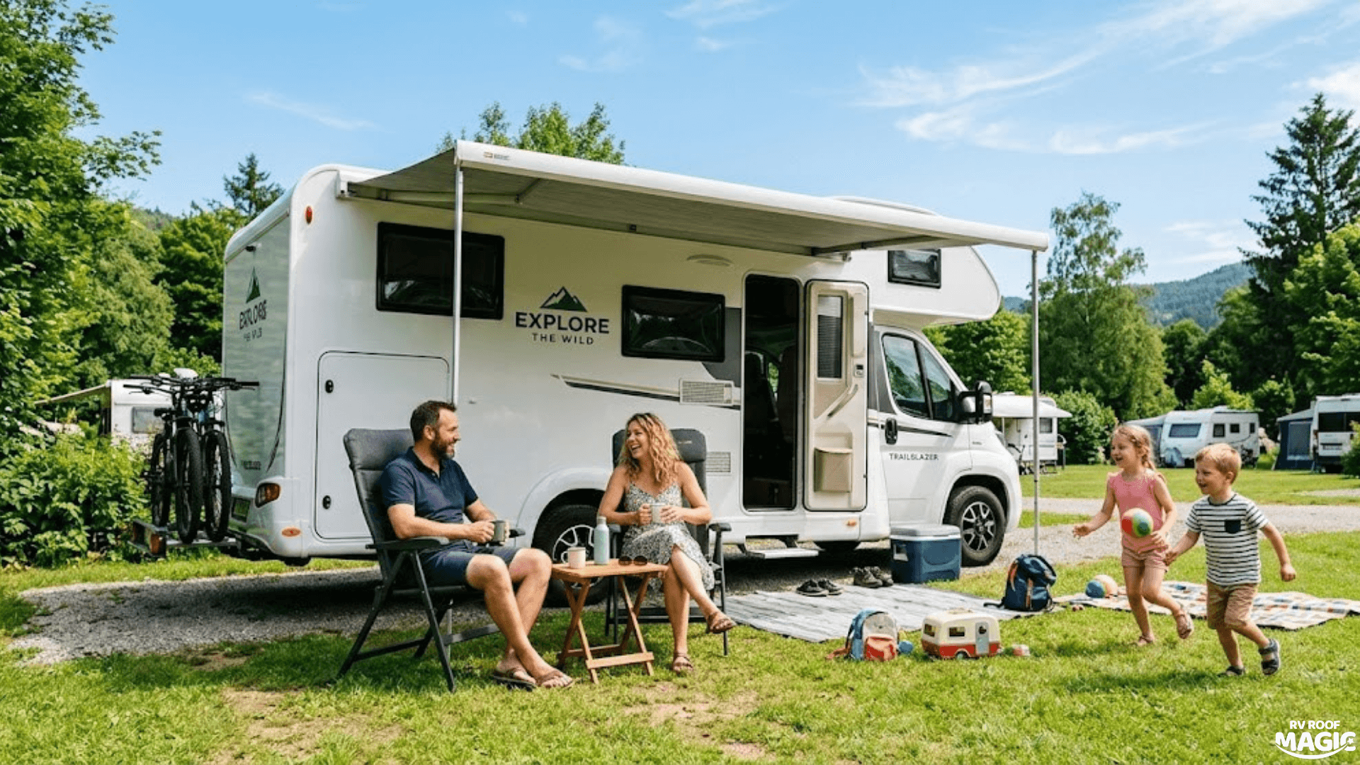 Family relaxing outside their RV on a summer trip enjoying a cool and comfortable camping experience.