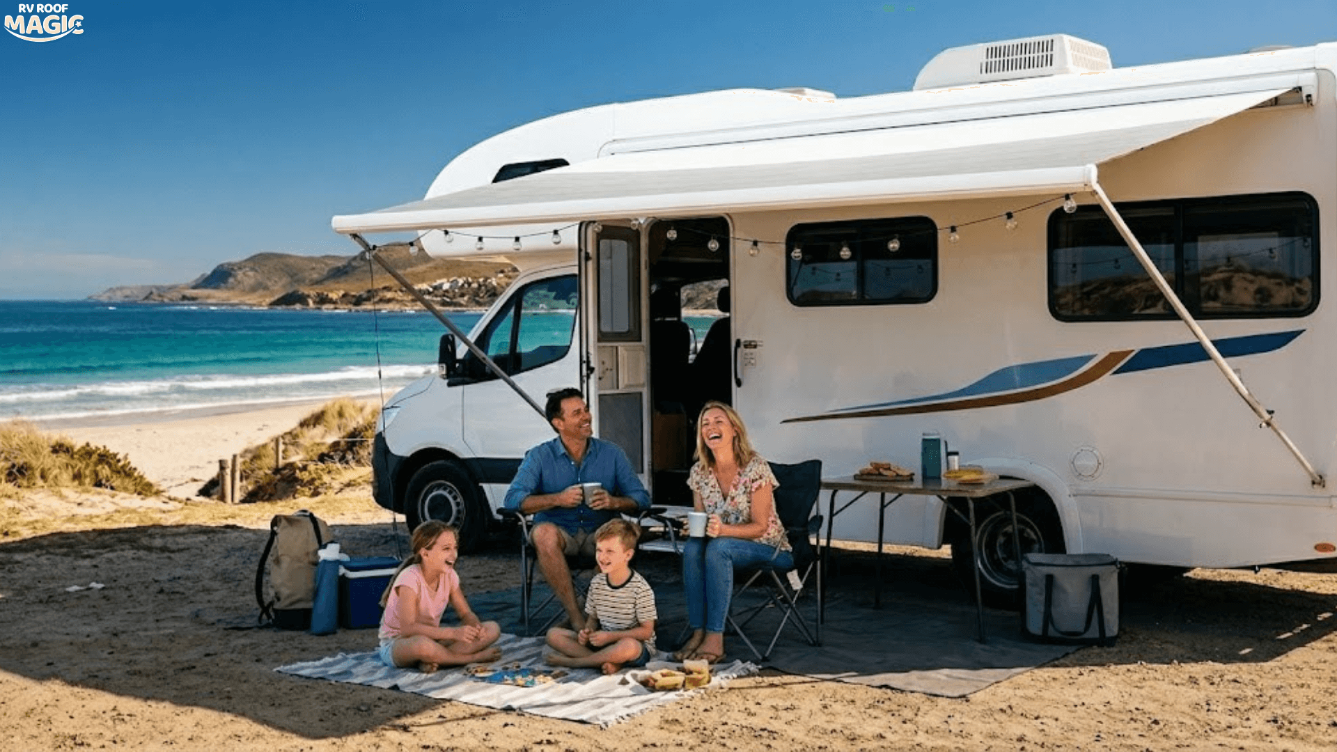 Happy family and couple relaxing in camping chairs on a beach campsite next to a white RV Roof Magic motorhome with its awning extended and string lights, featuring text overlays for UV protection and leak prevention.