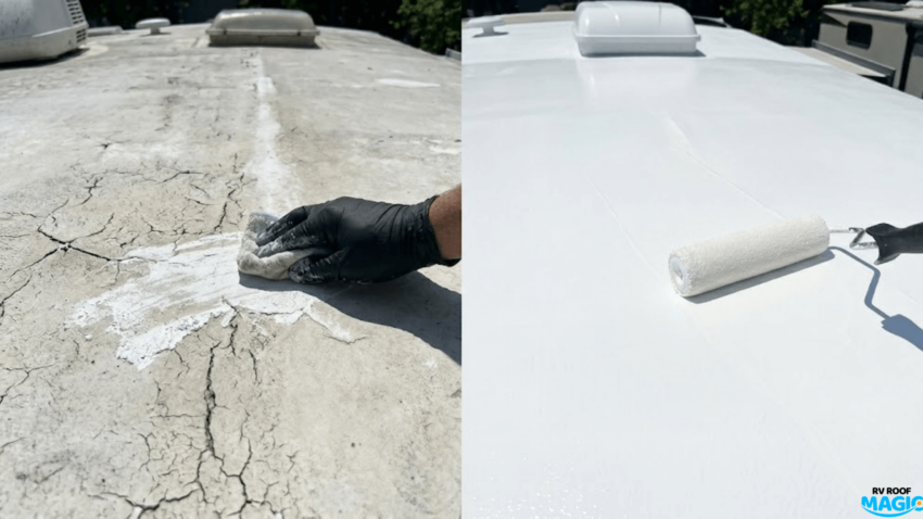 A before-and-after split photo of a damaged RV roof: the left showing dry, cracked, and peeling rubber membrane being cleaned; the right showing the same section completely sealed with a smooth, reflective white RV Roof Magic elastomeric coating applied with a roller.