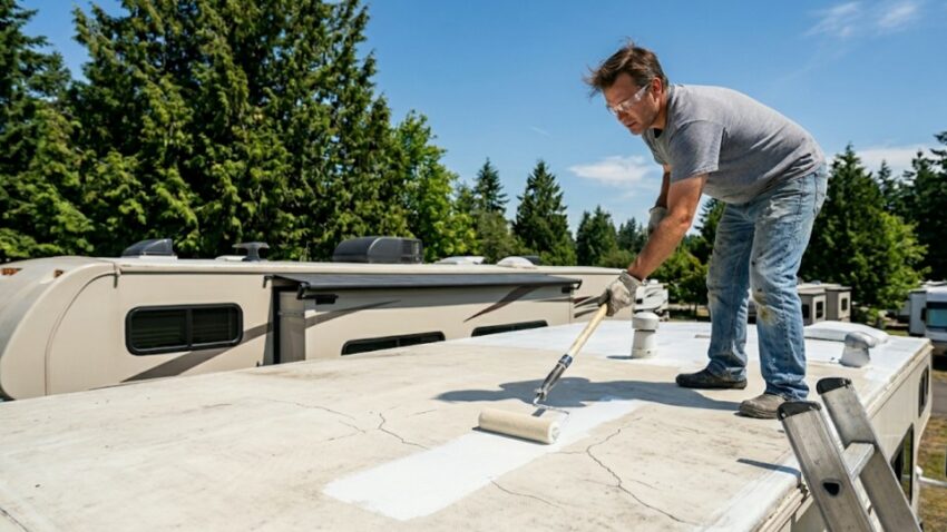 An RV owner uses a roller to apply a protective white silicone TPO RV roof coating to the top of a motorhome on a sunny day to prevent leaks and UV damage.