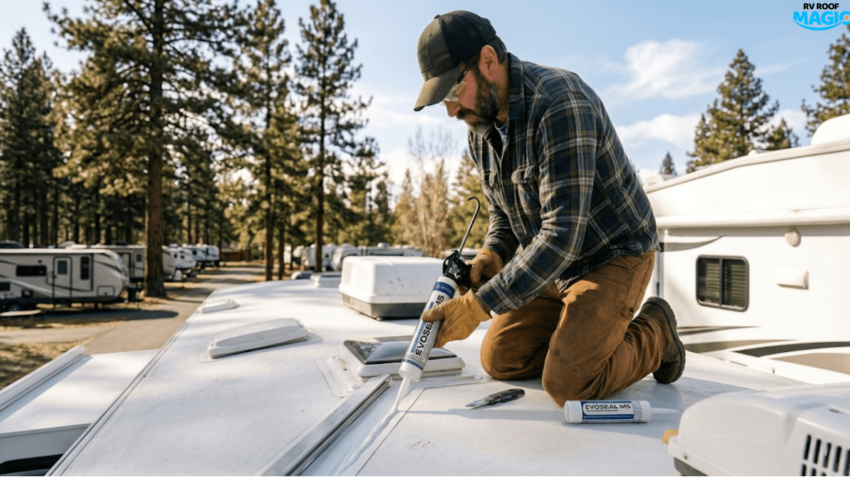 A close-up of a person applying white elastomeric sealant to an RV roof seam to prevent leaks and ensure durable protection.