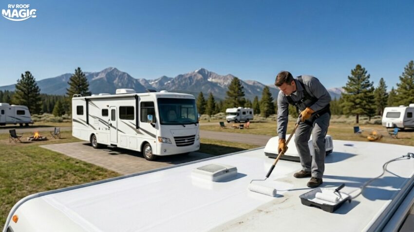 An image demonstrating an easy RV roof leak repair using specialized products.