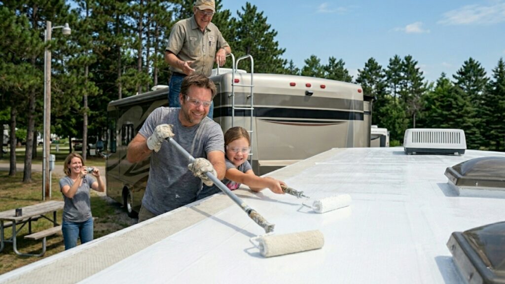 Applications of RV Roof Magic by applying RV Roof Coating