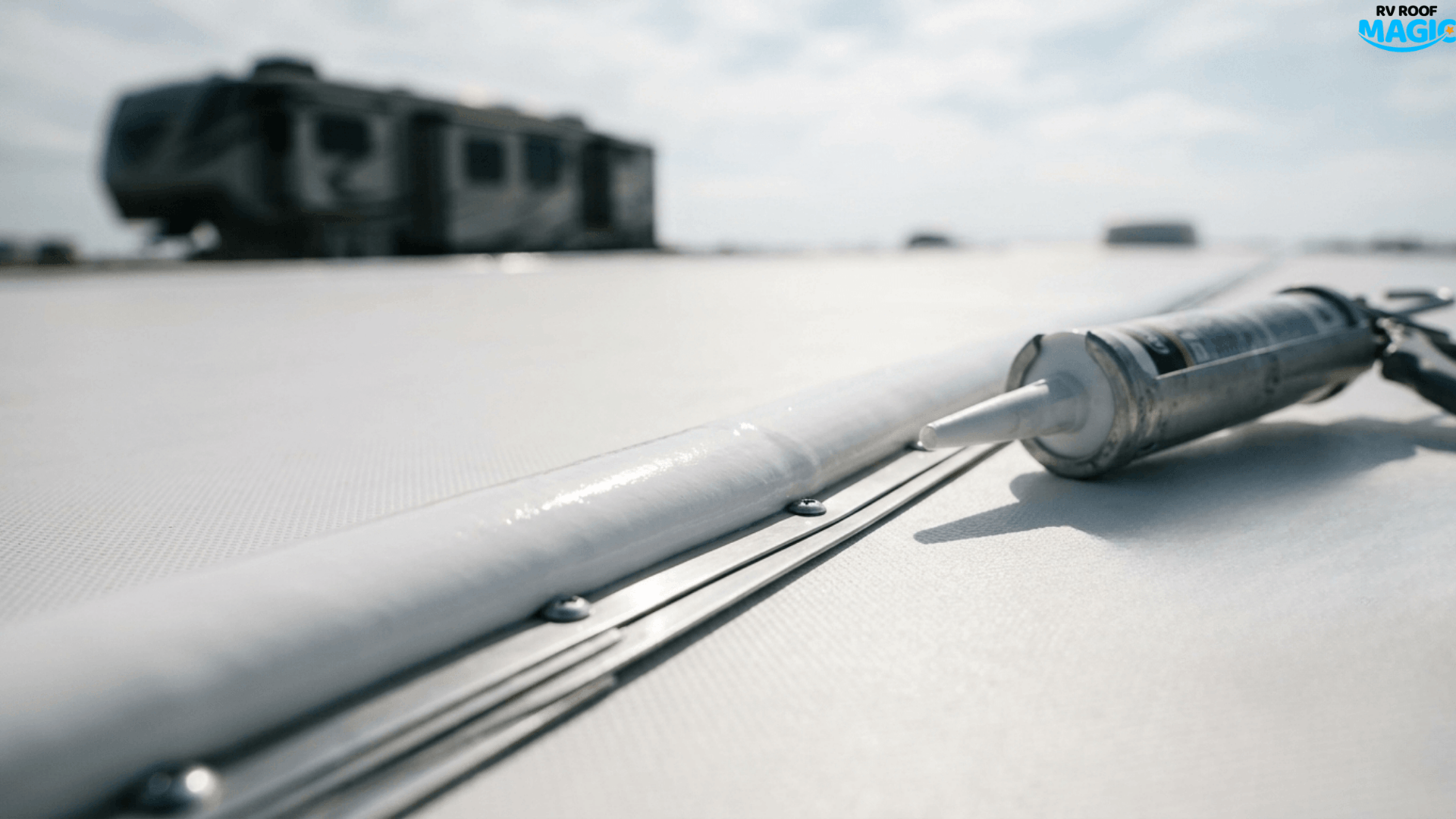 Close-up macro shot of white self-leveling lap sealant applied to an RV roof seam with a caulking gun in the background.
