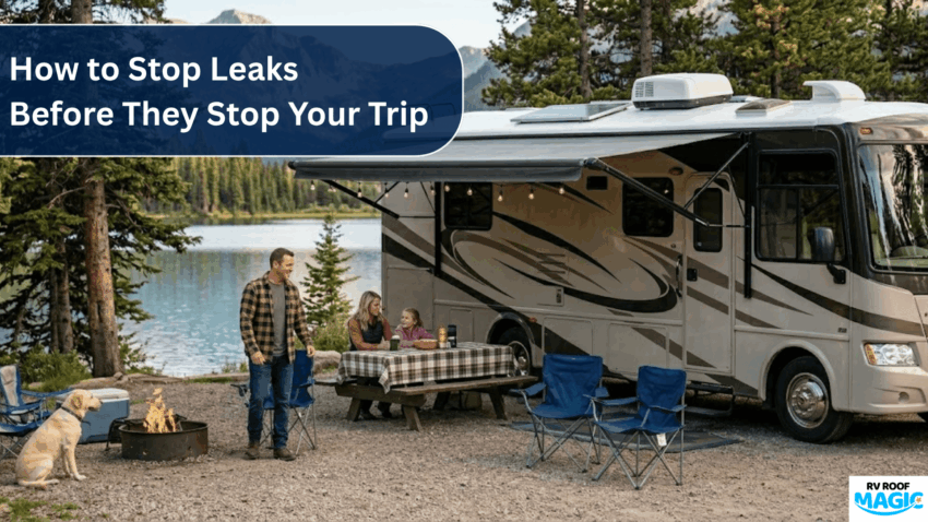 A close-up view of a person applying white RV roof coating with a roller brush to a large motorhome roof.