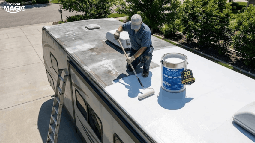 A person using a roller to apply a protective white liquid coating to the roof of a travel trailer to prevent leaks and UV damage.