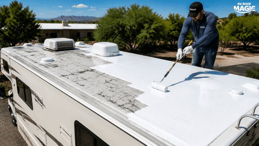 A close-up view of applying flexible silicone sealant to repair a water leak around an RV roof vent flange.
