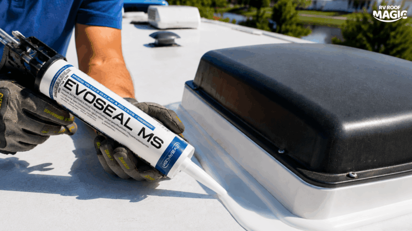 A close-up view of applying flexible silicone sealant to repair a water leak around an RV roof vent flange.