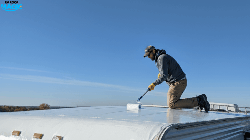 RV roof water damage repair with sealing coating to prevent leaks