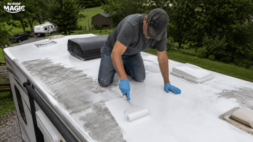 DIY RV roof repair with liquid coating to fix water damage and create a leak-proof roof