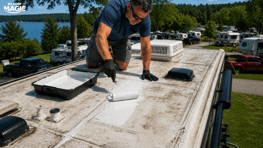 DIY RV owner repairing a leaking RV roof with liquid roof coating on a travel trailer.