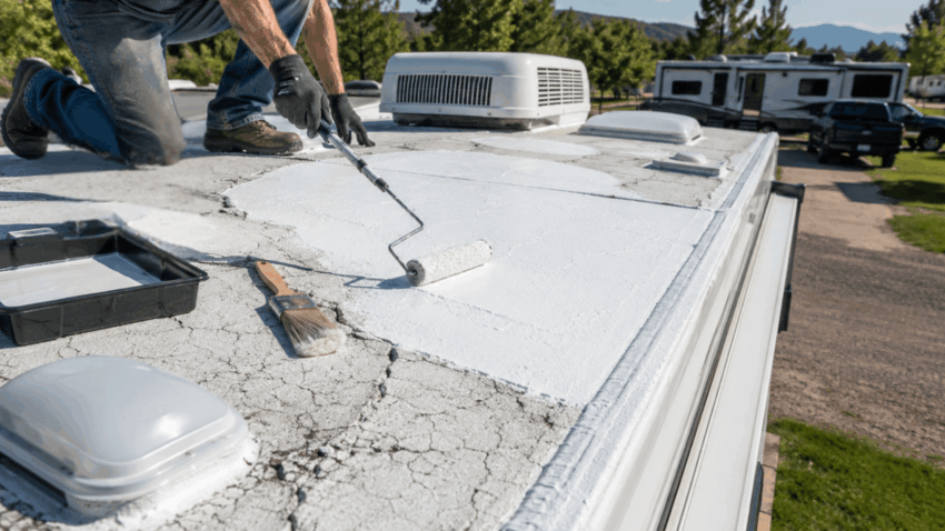 RV roof crack and sun damage repair using liquid roof sealant to prevent leaks