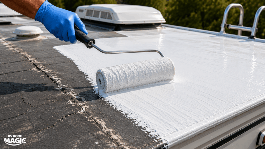 Best roof sealant applied to an old rubber roof to stop leaks and extend roof life.