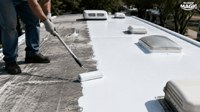 Worker applying liquid rubber RV roof coating to repair an aging RV roof without replacement