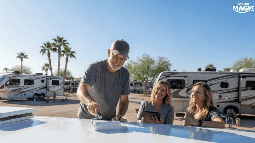 Liquid RV roof sealant applied to an aging rubber roof to repair cracks and extend its lifespan